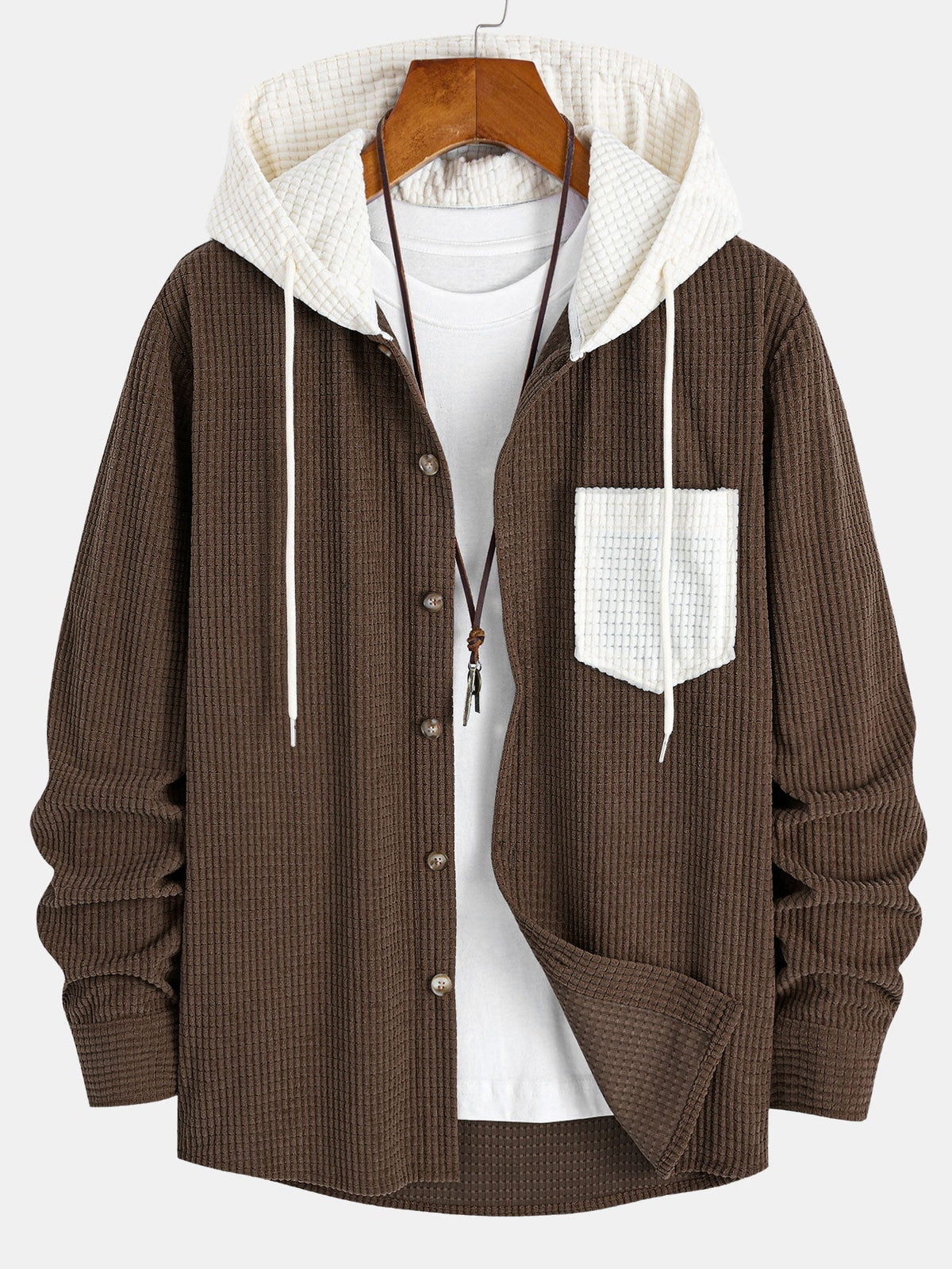 Long Sleeved Waffle Corduroy Contrast Hooded Shirt