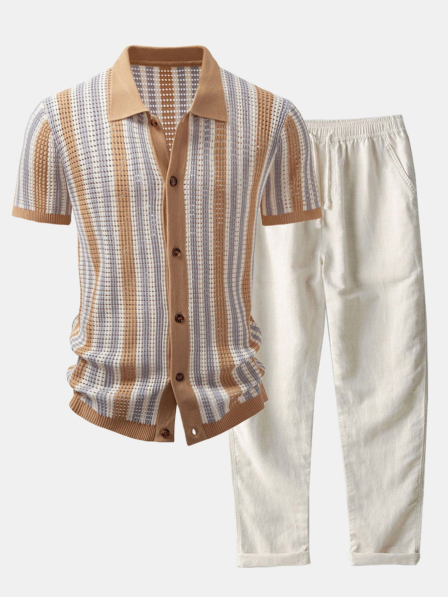 Stripe Eyelet Crochet Shirt & Straight Leg Linen Pants