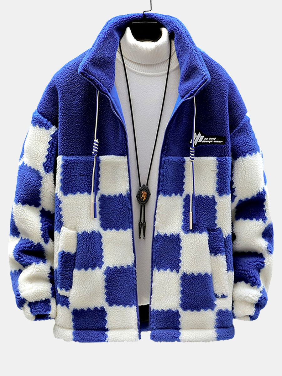 Teddy Fleece Checkerboard Stand Collar Jacket