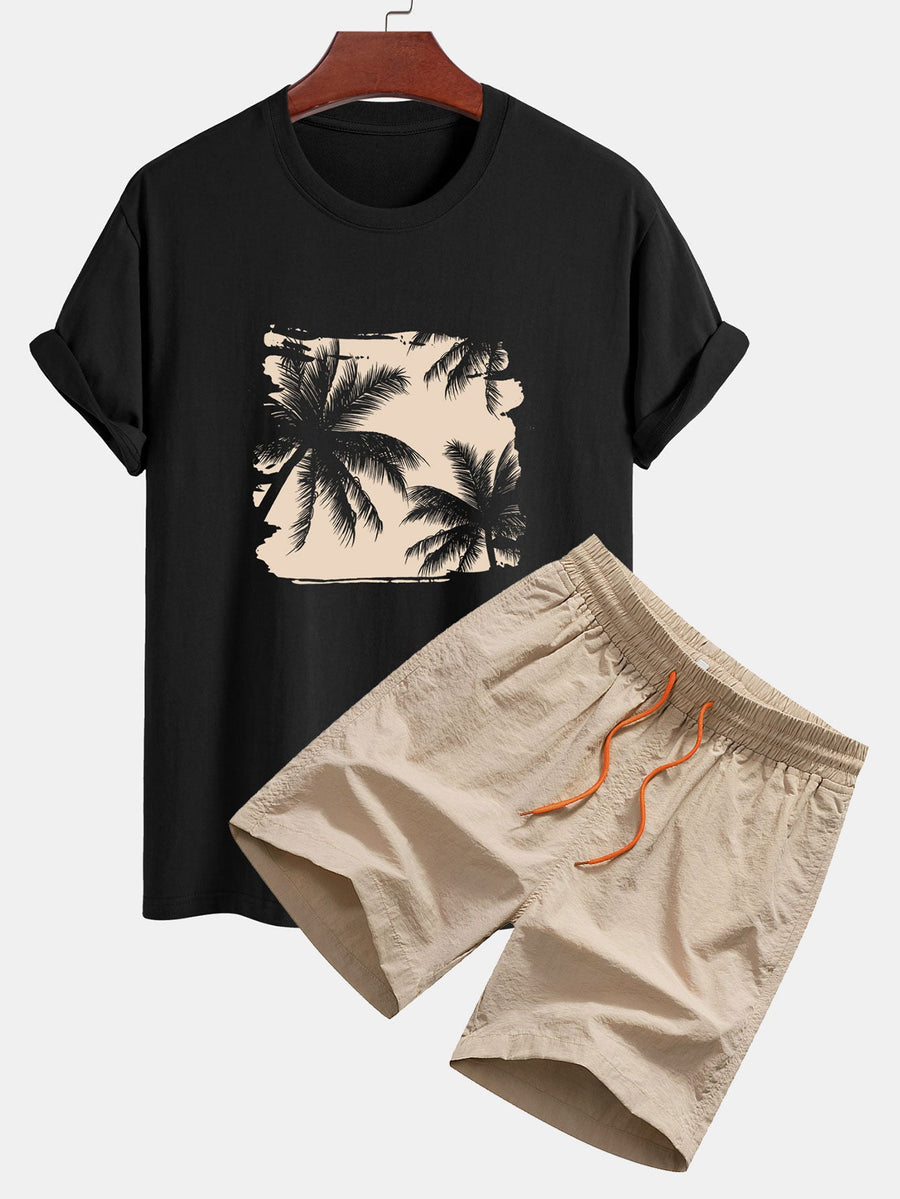 Regular Fit Palm Trees Silhouette Print Cotton T-Shirt & Swim Shorts