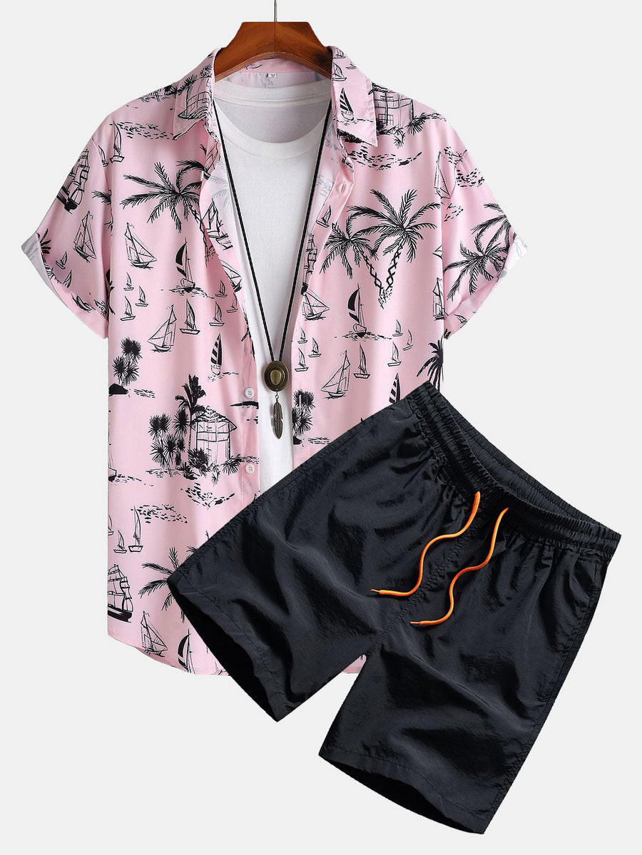 Palm Tree Sailboat Print Button Up Shirt & Swim Shorts