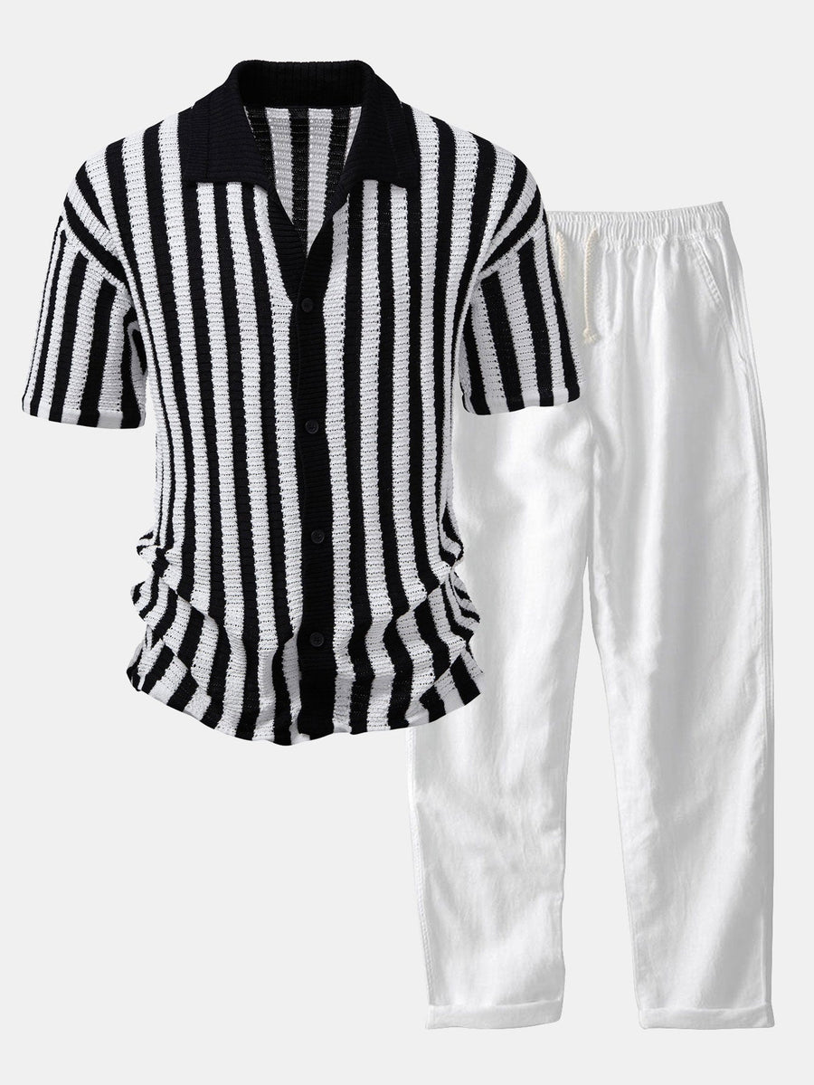 Drop Shoulder Stripe Crochet Shirt & Straight Leg Linen Pants