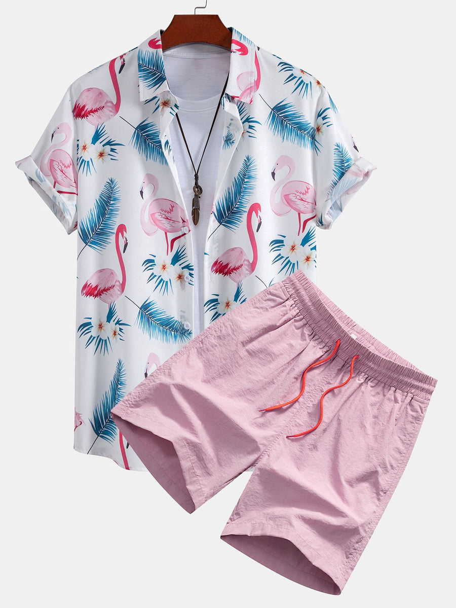 Flamingo Leaf Print Button Up Shirt & Swim Shorts