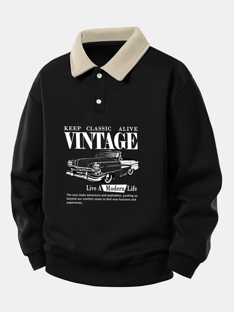 Relax Fit Vintage Car Print Contrast Polo Sweatshirt