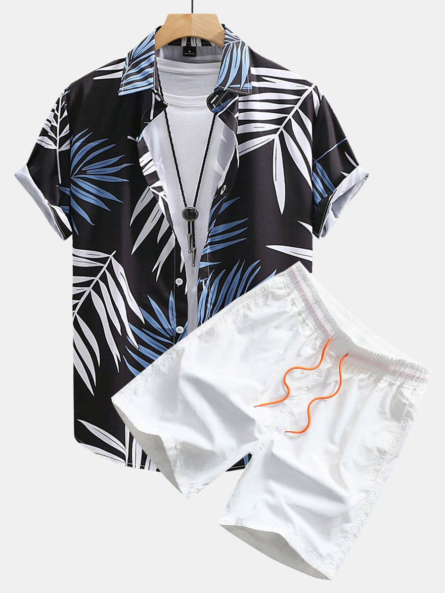 Tropical Leaves Print Button Up Shirt & Swim Shorts