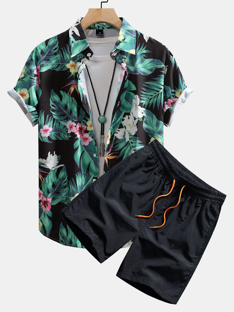 Tropical Flowers Print Button Up Shirt & Swim Shorts