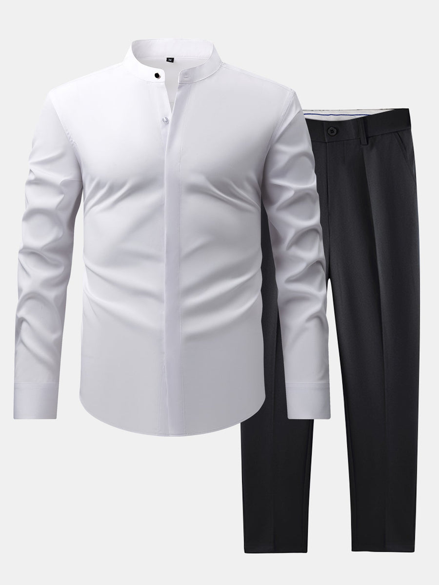 Non-Iron Hidden Placket Stand Collar Dress Shirt & Slim Fit Tapered Trousers
