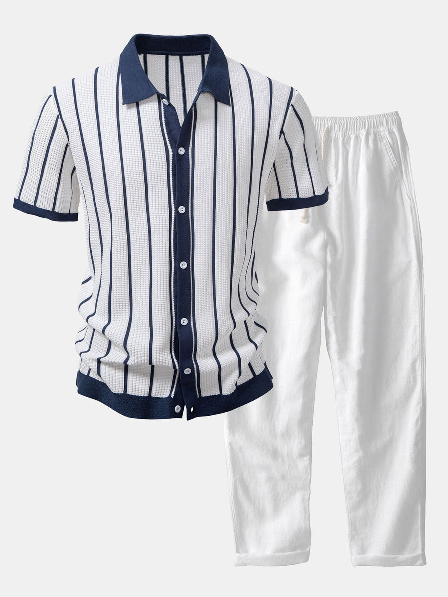 Stripe Knitted Button Up Shirt & Straight Leg Linen Pants