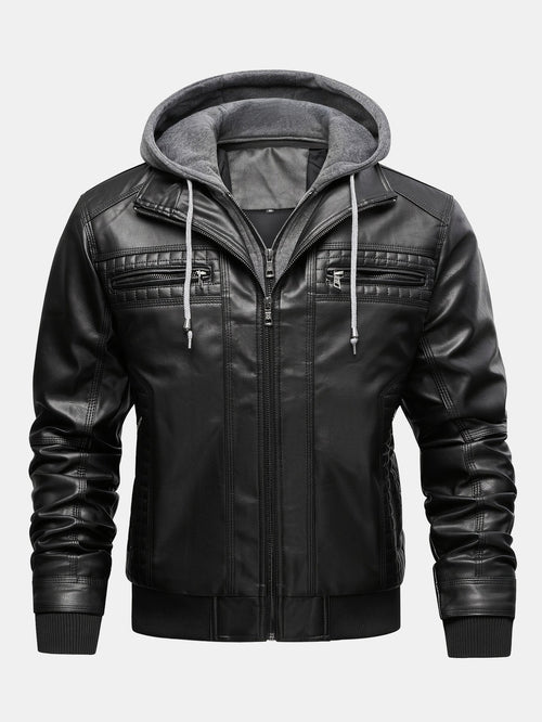 2 In 1 PU Leather Jacket With Detachable Hood