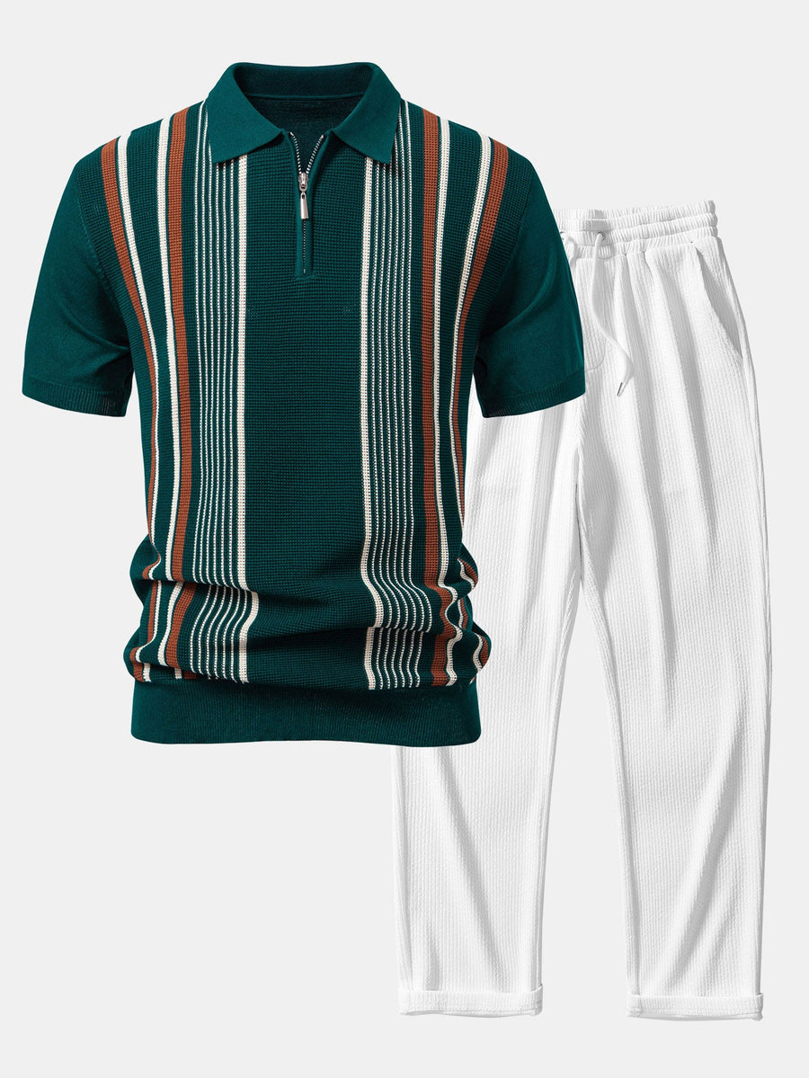Stripe Knit Zip Up Polo Shirt & Straight Leg Ribbed Pants