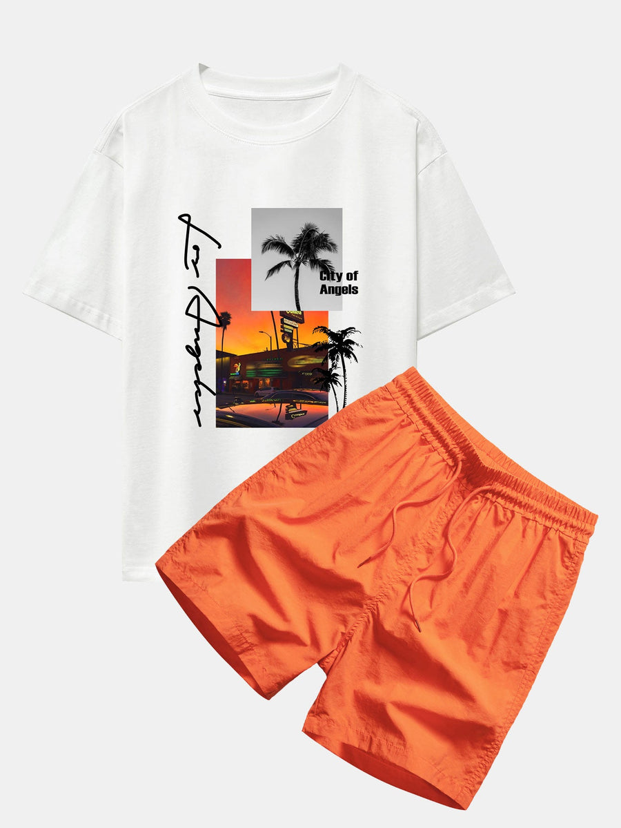 Los Angeles Scenery Print Drop Shoulder Oversize T-Shirt & Swim Shorts