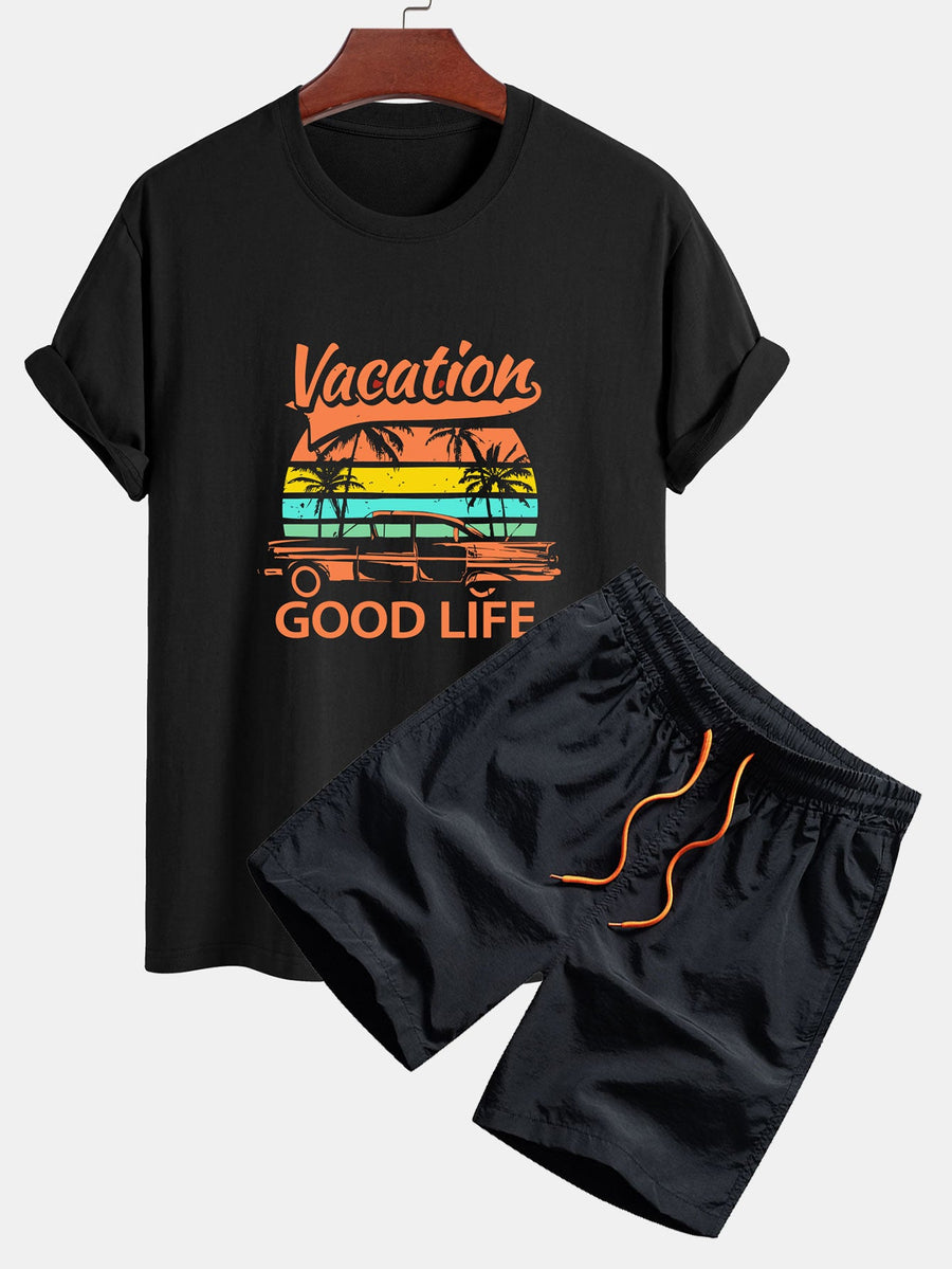 Regular Fit Good Life On Vacation Print Cotton T-Shirt & Man Mid Length Drawstring Swim Shorts