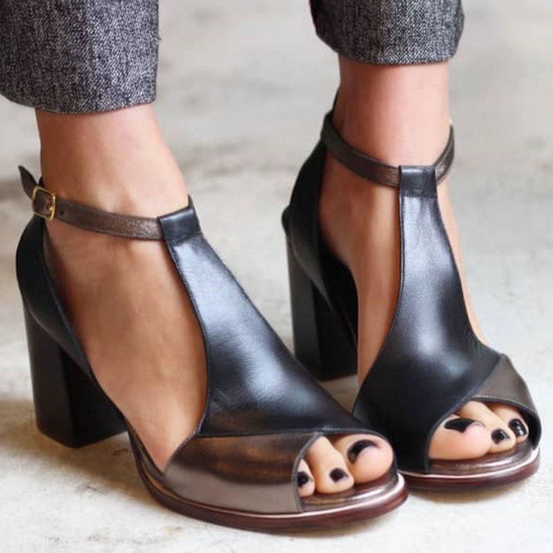Anyao™ | Black Patchwork Open-Toe Heels
